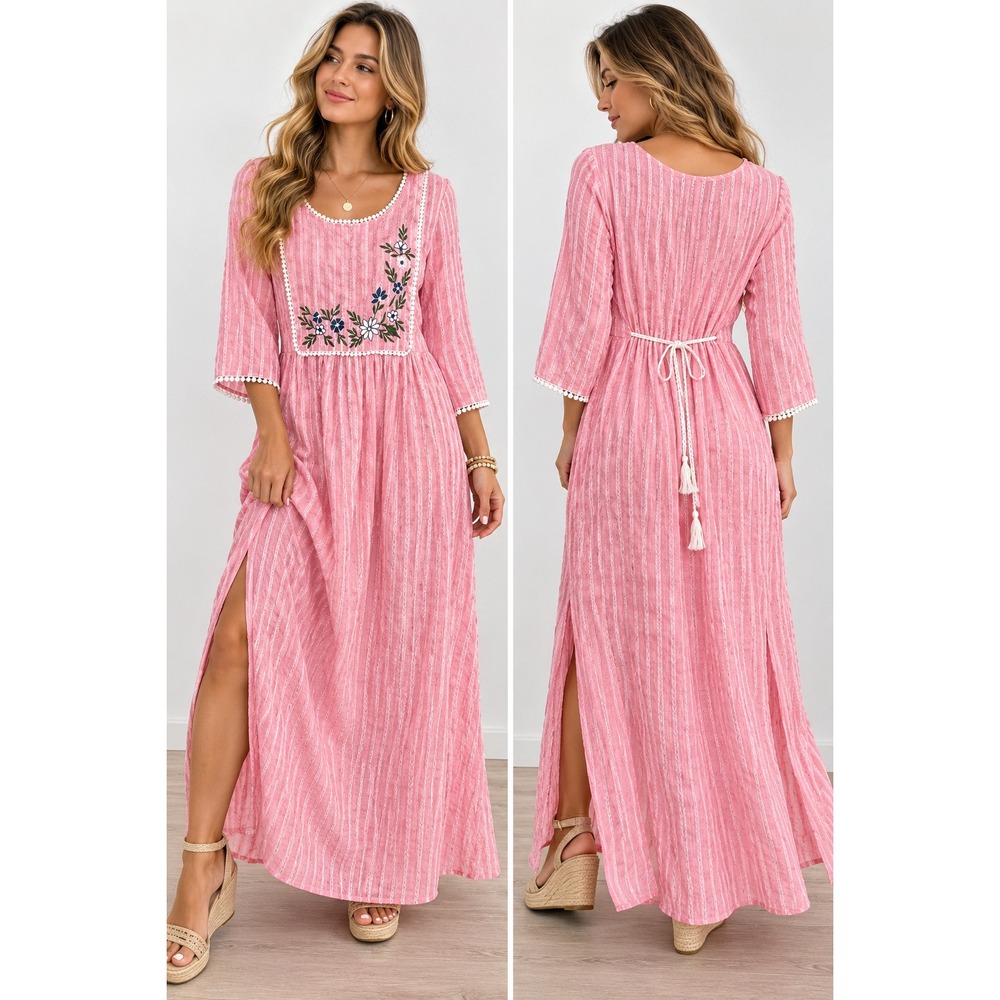 Anju Shree Choice Maxi Dress Womens XXL Pink Floral Embroidered Boho Slit Lurex